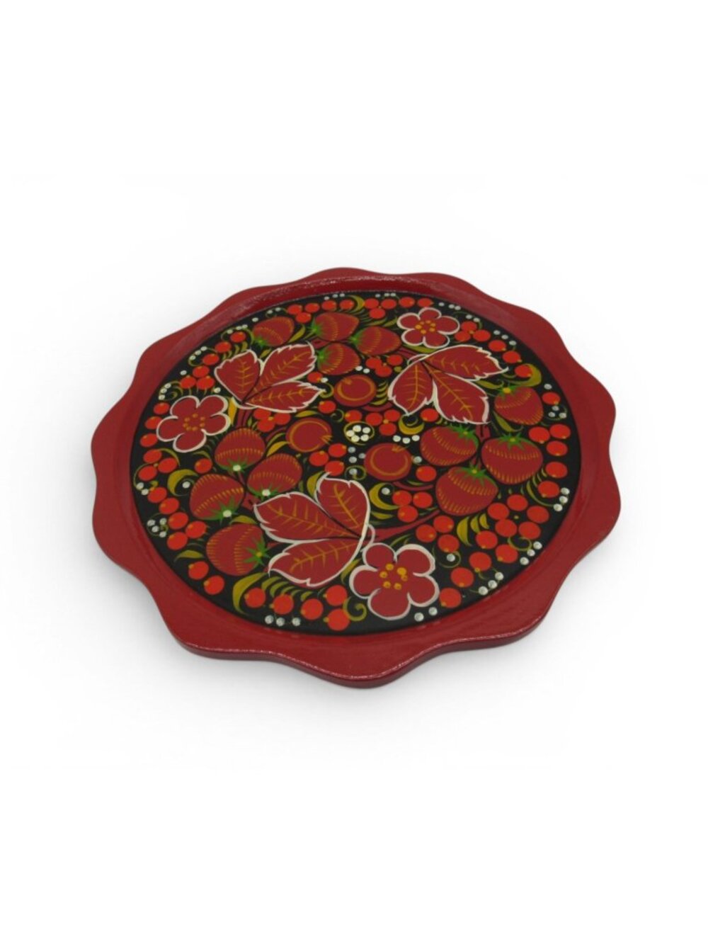 Russian Khokhloma Painted Wooden Plate 9” Red Black Floral Folk Art Decor